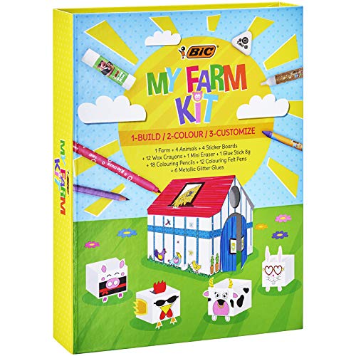 BIC 997918 Kids My Farm Colouring Kit - Rotuladores, Ceras, Lápices de Colores, Goma, Barra de Pegamento, Pegamento con Purpurina, Adhesivos, Animales y Establo de Papel - Caja de regalo con 50 Uds.