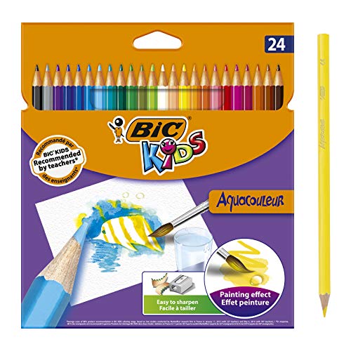 BIC Kids Aquacouleur, Volver a la Escuela, Lápices de Acuarela Efecto Pintura, Paquete de 24 Unidades