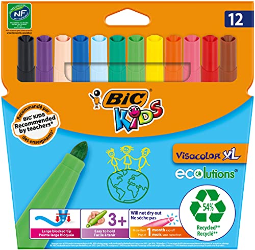 BiC Kids Ecolutions Visa Color XL Felt Pens - Assorted (Pack of 12) - Bic 12 Rotuladores Visacolor XL