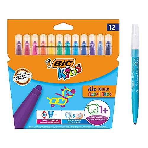 BIC Kids Kid Couleur Baby Rotuladores Punta Extra Ancha - Colores surtidos, Blíster de 12 Unidades – rotuladores lavables para niños a partir de 1 año