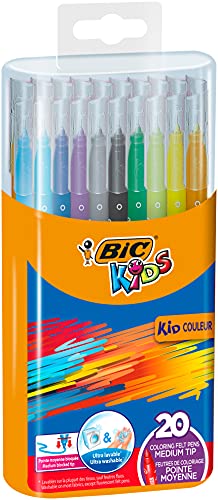 BIC Kids Kid Couleur - Pack de 20 rotuladores de colorear para aprendizaje en caja metálica, multicolor