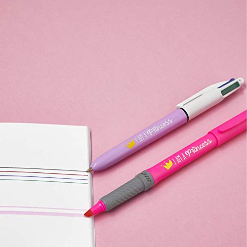 BIC My Message Kit I Am a Princess - Juego de Escritorio con 1 BIC 4 colores Bolígrafo, 1 BIC Highlighter Grip Bolígrafo (Rosa), 1 Libreta Tamaño A6 (Blanca), Pack de 3