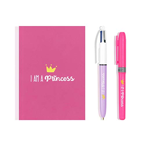 BIC My Message Kit I Am a Princess - Juego de Escritorio con 1 BIC 4 colores Bolígrafo, 1 BIC Highlighter Grip Bolígrafo (Rosa), 1 Libreta Tamaño A6 (Blanca), Pack de 3