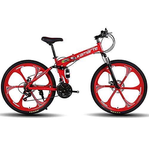 Bicicleta De Montaña Plegable De 24/26 Pulgadas, Bicicleta Con Amortiguador De Impacto De Velocidad Variable Delantera Y Trasera, Freno De Disco Doble, MTB Deportiva De 27 Velocidades,Rojo,24inch