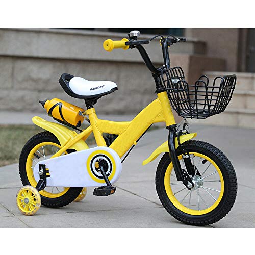 Bicicleta infantil de 12 pulgadas, bicicleta infantil para niños y niñas, con ruedas estabilizadoras de contrapedal, color amarillo