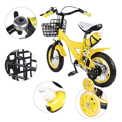 Bicicleta infantil de 12 pulgadas, con ruedas de apoyo y cesta, color amarillo