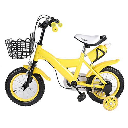 Bicicleta infantil de 12 pulgadas, con ruedas de apoyo y cesta, color amarillo