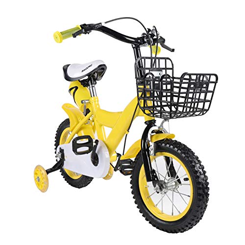 Bicicleta infantil de 12 pulgadas, con ruedas de apoyo y cesta, color amarillo