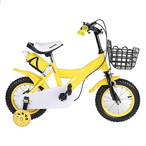 Bicicleta infantil de 12 pulgadas, con ruedas de apoyo y cesta, color amarillo