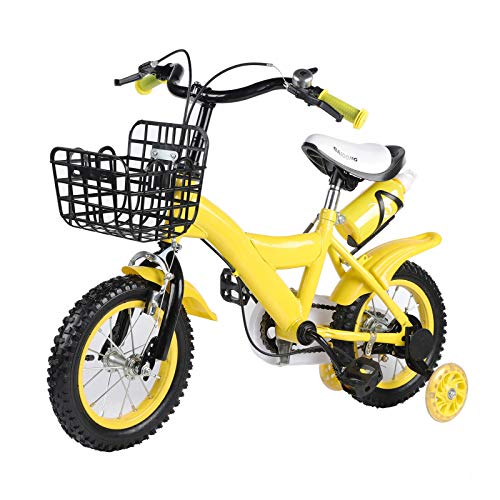 Bicicleta infantil de 12 pulgadas, con ruedas de apoyo y cesta, color amarillo