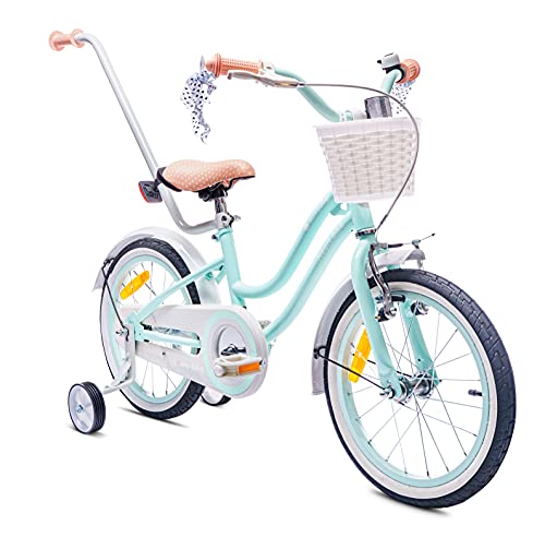 Bicicleta para niña de 12/14/16 pulgadas, campana, ruedas adicionales, barra de empuje Heart Bike (Mint, 16 pulgadas)