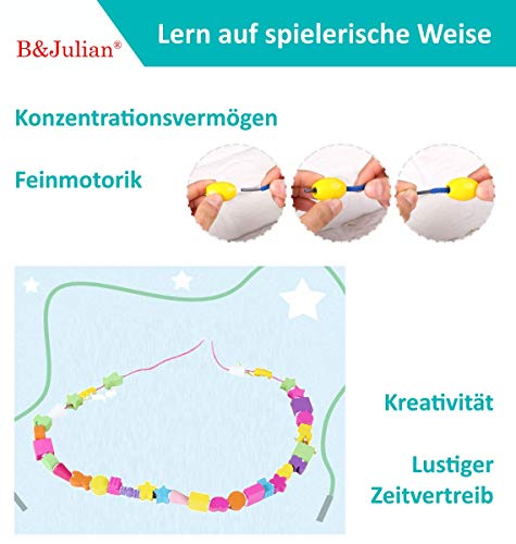 B&JulianEnhebrado de Joyas de Madera con 180 Cuentas 4 Cintas de Colores en Caja de Madera con Tapa fácil de Transportar para niños a Partir de 3 años