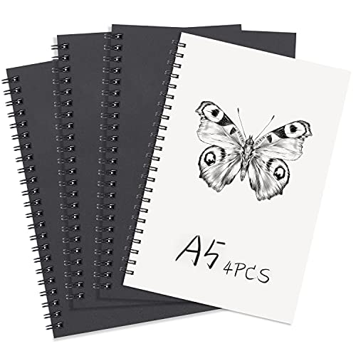 Bloc de Notas en Espiral A5, 4Pcs Negro Cuadernos de Papel Kraft en Blanco, Libreta de Bocetos 100 Páginas, Perfecto para Dibujo Artístico, Notas de Aula, Diario de Viaje.