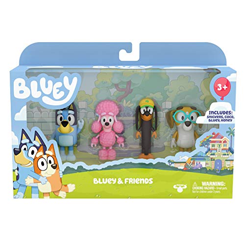 Bluey and Friends: Bluey, Coco, Snickers y Miel Paquete de 4 figuras de acción articuladas Personaje Figuras de acción 2.5 pulgadas Juguete coleccionable oficial