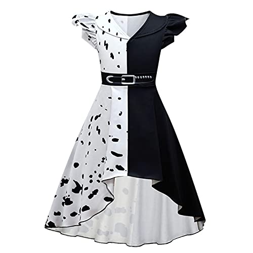 B/M Disfraz de Cruella Deville para niñas, Vestido de película Negro de Halloween 2021 para niños, Conjunto de Ropa con Peluca Estola de 5 a 12 años