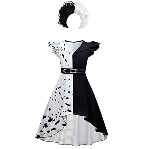 B/M Disfraz de Cruella Deville para niñas, Vestido de película Negro de Halloween 2021 para niños, Conjunto de Ropa con Peluca Estola de 5 a 12 años