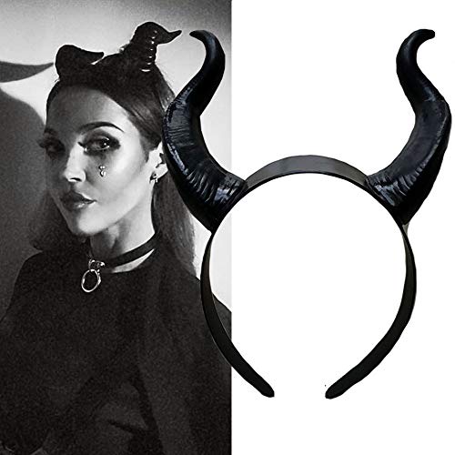 BOBEINI Diadema de Cuerno de Buey Negro de Bruja de Halloween Reina Malvada Cosplay aro de Pelo Brillante