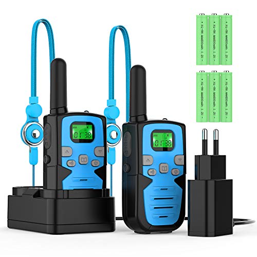 Bobela Walkie Talkie Niños Recargables Walky Talky para Niños 8 Canales de Largo Alcance 3 km VOX con Pantalla LCD retroiluminada y Linterna Regalo para Senderismo Camping Picnic Excursión (Bleu)