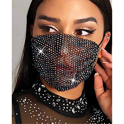 Bohend Moda Cristal Máscara Diamante de imitación Malla Mascaras Elástico Mascarada Paño Costoso Partido Club nocturno Máscara Cadena Joyería para Las mujeres y las niñas(Negro)