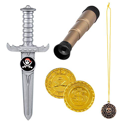 Boland 74141 – Juego de pirata, telescopio, 18 cm, puñeta de 23 cm, cadena con amuleto, 2 monedas de oro, para niños, disfraz de pirata, juguete libre, carnaval, fiesta temática