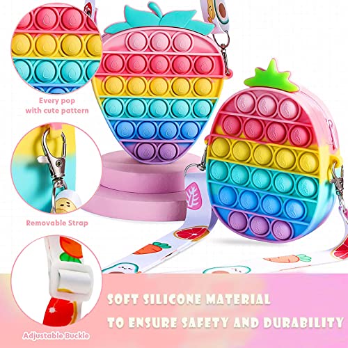 Bolso Pop It, 2 in 1 Push Popit Fidget Toys, Silicona Pop It Pack con Bandolera Ajustable, Antiestres Pop It Bolso para Niñas Muchacha Adultos, Fresa