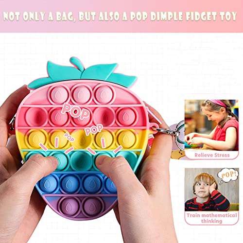 Bolso Pop It, 2 in 1 Push Popit Fidget Toys, Silicona Pop It Pack con Bandolera Ajustable, Antiestres Pop It Bolso para Niñas Muchacha Adultos, Fresa