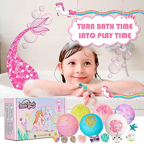 Bombas de Baño para Niños, Venares 6 x 100g Bomba de Baño con Juguetes Sorpresa Anillos, Juego de Regalo de Bombas de Baño Divertidas y Relajantes para Cumpleaños de Niñas y Niños