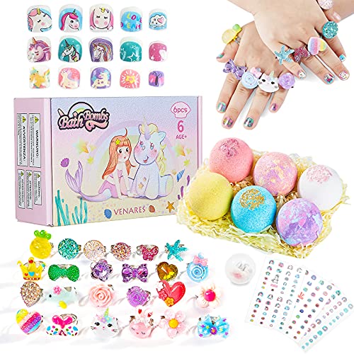 Bombas de Baño para Niños, Venares 6 x 100g Bomba de Baño con Juguetes Sorpresa Anillos, Juego de Regalo de Bombas de Baño Divertidas y Relajantes para Cumpleaños de Niñas y Niños