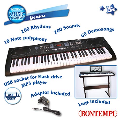 Bontempi 16 6125 61-Full tamaño Clave Teclado con Patas/Adaptador y conexión USB