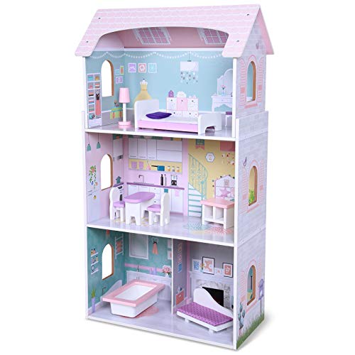 boppi® Casa de muñecas de Madera para niñas con 3 Pisos + 8 Muebles para Jugar