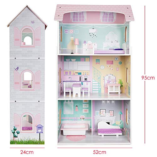 boppi® Casa de muñecas de Madera para niñas con 3 Pisos + 8 Muebles para Jugar