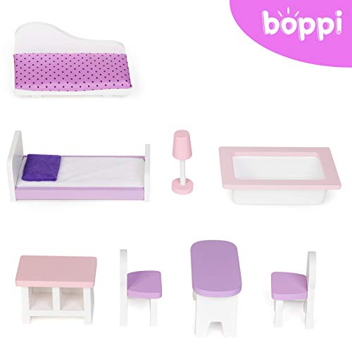 boppi® Casa de muñecas de Madera para niñas con 3 Pisos + 8 Muebles para Jugar