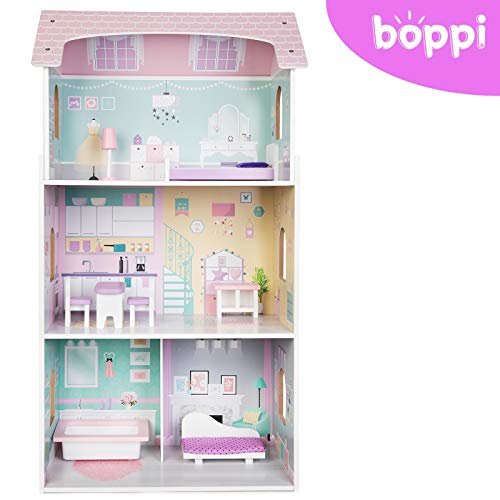 boppi® Casa de muñecas de Madera para niñas con 3 Pisos + 8 Muebles para Jugar