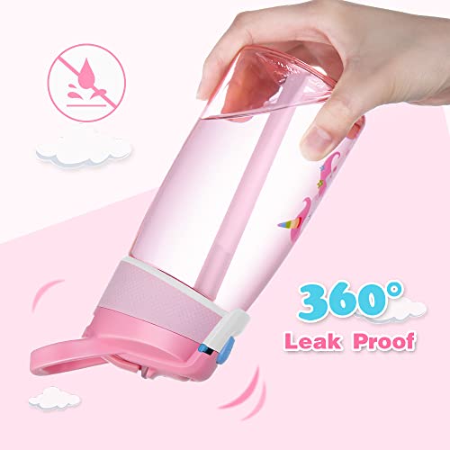 Botella de Agua 480ml para Niño, Botella con Pajitos, a prueba de Fugas, sin BPA, (Unicornio, Rosa)