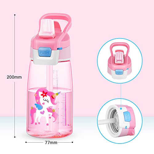 Botella de Agua 480ml para Niño, Botella con Pajitos, a prueba de Fugas, sin BPA, (Unicornio, Rosa)