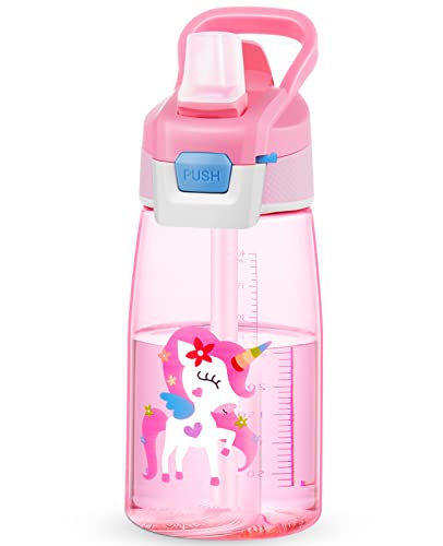 Botella de Agua 480ml para Niño, Botella con Pajitos, a prueba de Fugas, sin BPA, (Unicornio, Rosa)