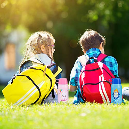 Botella Termo Agua para Niños con Bolsa para Viajar, Aislado al Vacío Botellas Agua Acero Inoxidable sin bpa con Paja, Termica a Prueba de Fugas para la Escuela y Deportes 550ml/ 15oz Rosado