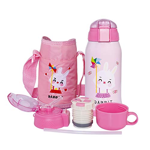 Botella Termo Agua para Niños con Bolsa para Viajar, Aislado al Vacío Botellas Agua Acero Inoxidable sin bpa con Paja, Termica a Prueba de Fugas para la Escuela y Deportes 550ml/ 15oz Rosado