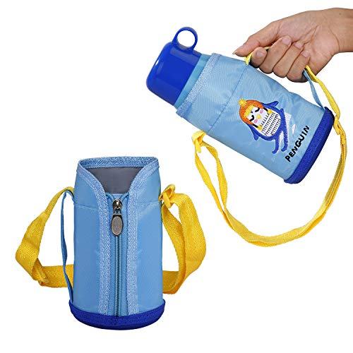 Botella Termo Agua para Niños con Bolsa para Viajar, Aislado al Vacío Botellas Agua Acero Inoxidable sin bpa con Paja, Termica a Prueba de Fugas para la Escuela y Deportes 550ml/ 15oz Azul