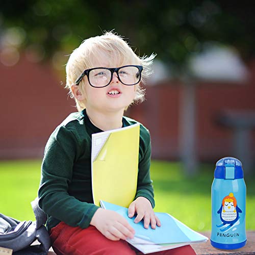 Botella Termo Agua para Niños con Bolsa para Viajar, Aislado al Vacío Botellas Agua Acero Inoxidable sin bpa con Paja, Termica a Prueba de Fugas para la Escuela y Deportes 550ml/ 15oz Azul