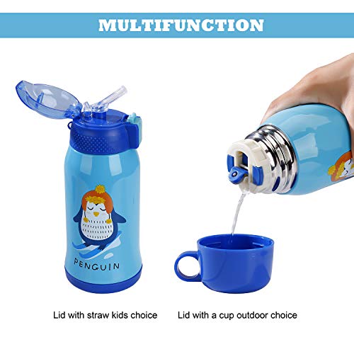 Botella Termo Agua para Niños con Bolsa para Viajar, Aislado al Vacío Botellas Agua Acero Inoxidable sin bpa con Paja, Termica a Prueba de Fugas para la Escuela y Deportes 550ml/ 15oz Azul