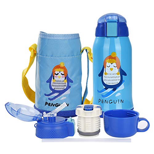 Botella Termo Agua para Niños con Bolsa para Viajar, Aislado al Vacío Botellas Agua Acero Inoxidable sin bpa con Paja, Termica a Prueba de Fugas para la Escuela y Deportes 550ml/ 15oz Azul