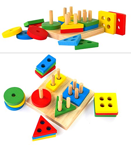 Boxiki kids Juguetes Apilables de Madera y Tablero para Apilar Figuras| Juego de Figuras Geométricas Apilables | Non-Tóxico Juguete de Madera | Juguetes Educativos