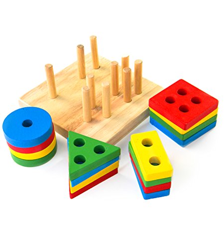 Boxiki kids Juguetes Apilables de Madera y Tablero para Apilar Figuras| Juego de Figuras Geométricas Apilables | Non-Tóxico Juguete de Madera | Juguetes Educativos