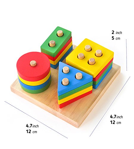 Boxiki kids Juguetes Apilables de Madera y Tablero para Apilar Figuras| Juego de Figuras Geométricas Apilables | Non-Tóxico Juguete de Madera | Juguetes Educativos