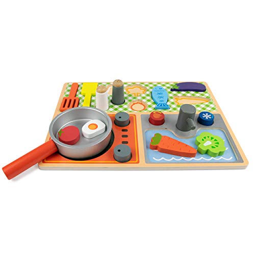 Budding Bear Set Cocinitas de Juguetes - Portátil para Niños y Niñas de 3+ Años - Puzzle Cocina Madera Juguete - Juego de Rol con 16 Piezas + Tablero Comida Madera - Set Cocina de Juguete