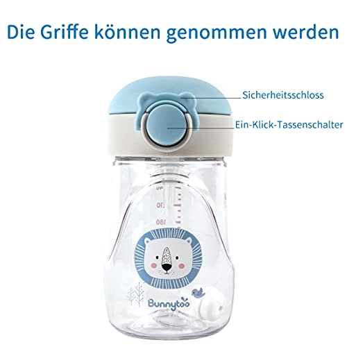 Bunnytoo Niños Botella Agua, Sin Fugas,Botella de Agua Niños y Niñas Sin BPA Tritan Botella de Agua Deporte con Pajita y Correa para Infantil, Escuela, Corrida, Senderismo y Actividades al Aire-Azul