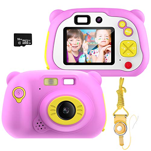 Cámara para Niños con Tarjeta TF,Cámara Digitale Selfie para Niños,Video cámara Infantil con Pantalla de 2 Pulgadas,HD 1200 MP/1080P Doble Objetivo,a Prueba de Golpes,Carcasa de Silicona(Rosa)