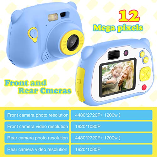 Cámara para Niños con Tarjeta TF,Cámara Digitale Selfie para Niños,Video cámara Infantil con Pantalla de 2 Pulgadas,HD 1200 MP/1080P Doble Objetivo,a Prueba de Golpes,Carcasa de Silicona (Azul)