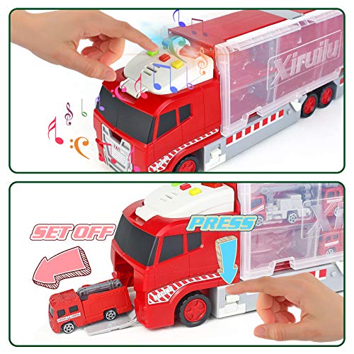 Camion Bomberos Juguete Coches Juguetes Niños 3 4 5 años Camion Transporte Coches Incluye 5 Mini Camion Bomberos,1 Helicóptero Juguete y Señales de Tráfico Juguetes Regalo Niños Niña 3 4 5 Años